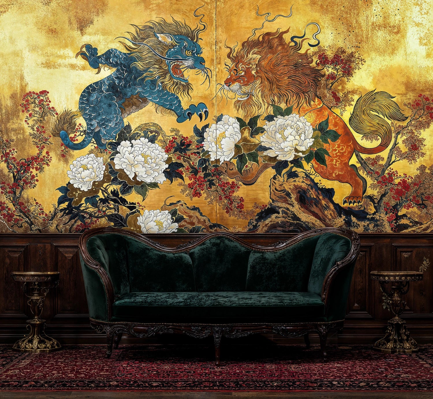Golden Asian Lion Battle Wall Mural