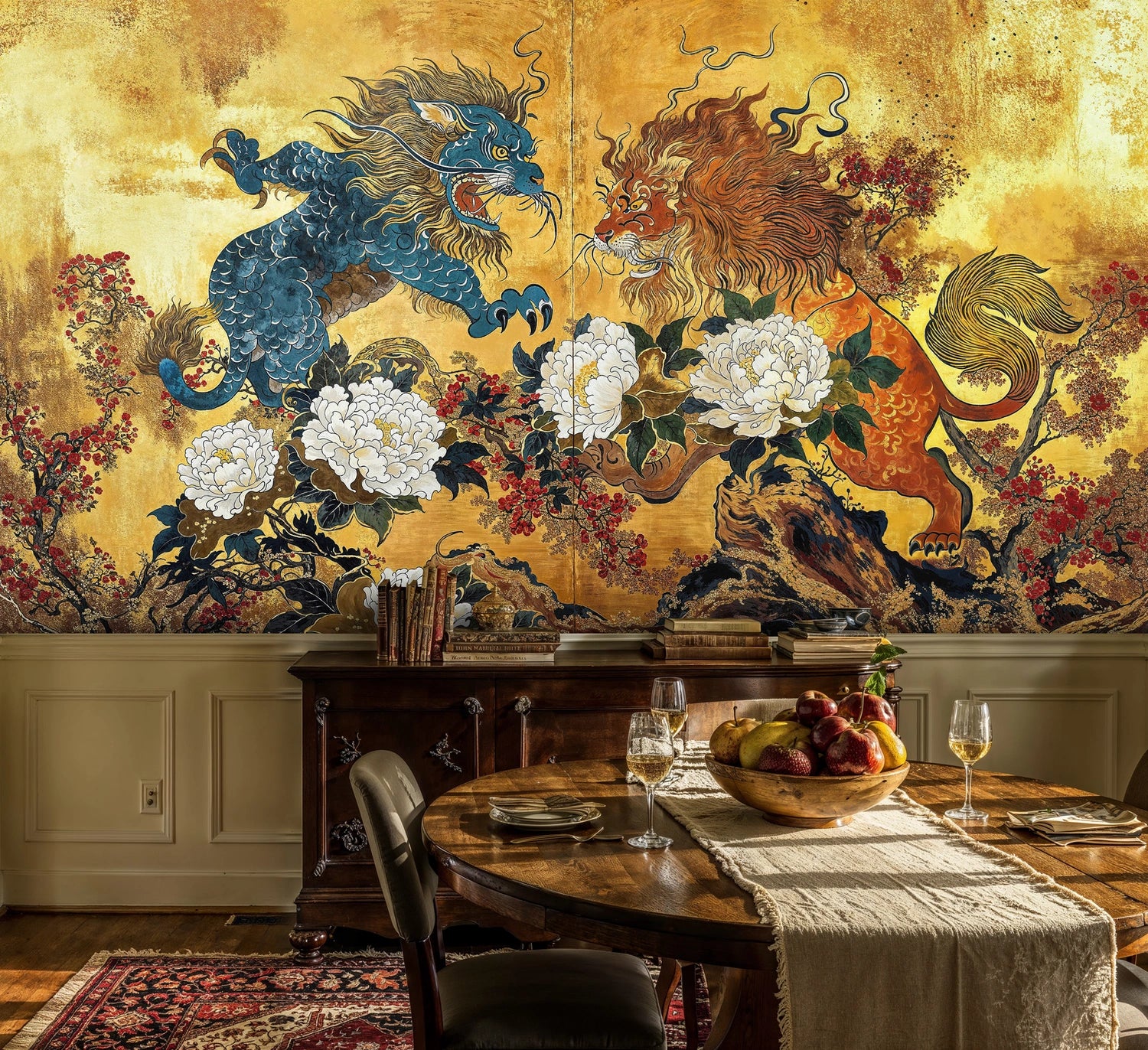 Golden Asian Lion Battle Wall Mural