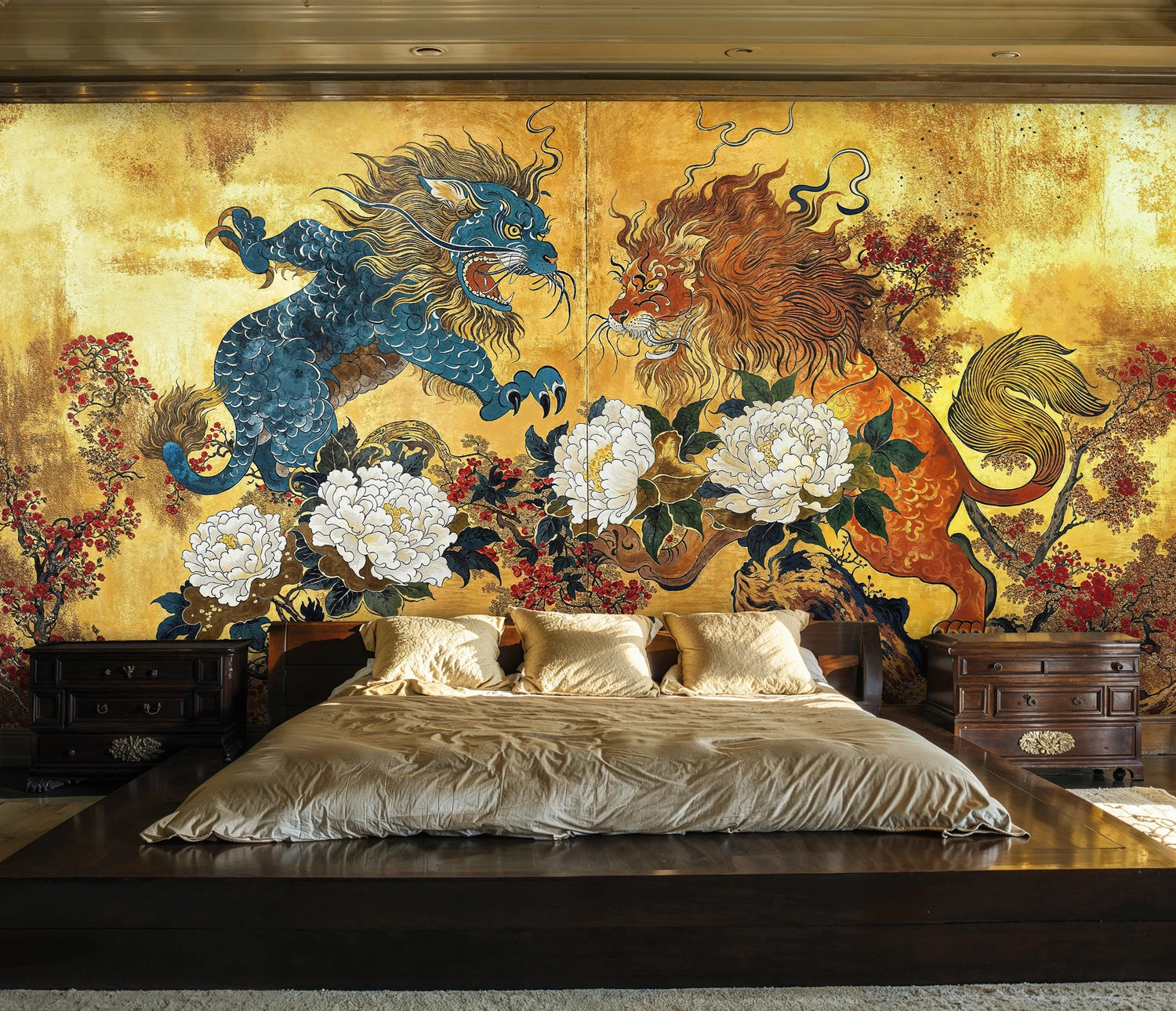 Golden Asian Lion Battle Wall Mural