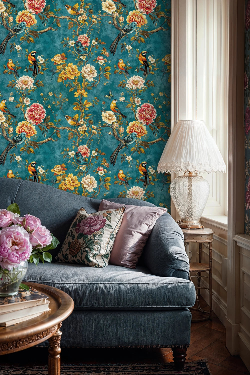 Vintage Floral Bird Wallpaper on Teal Background