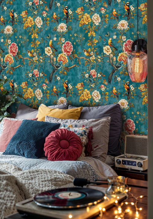 Vintage Floral Bird Wallpaper on Teal Background