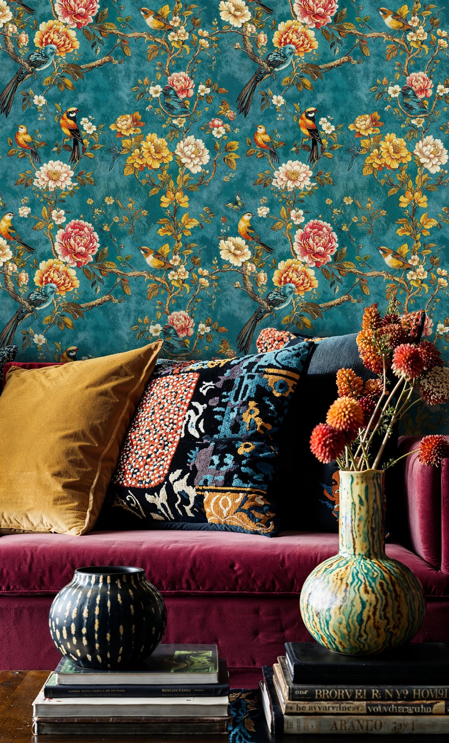 Vintage Floral Bird Wallpaper on Teal Background